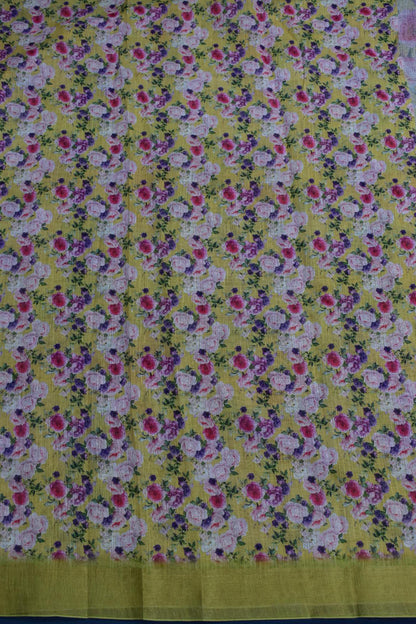 LEMON YELLOW- LINEN COTTON FLORAL PRINT SAREE