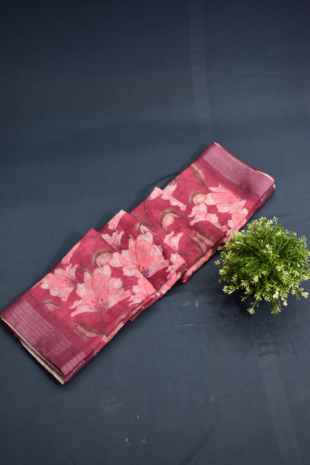 DARK PINK- LINEN COTTON FLORAL PRINT SAREE
