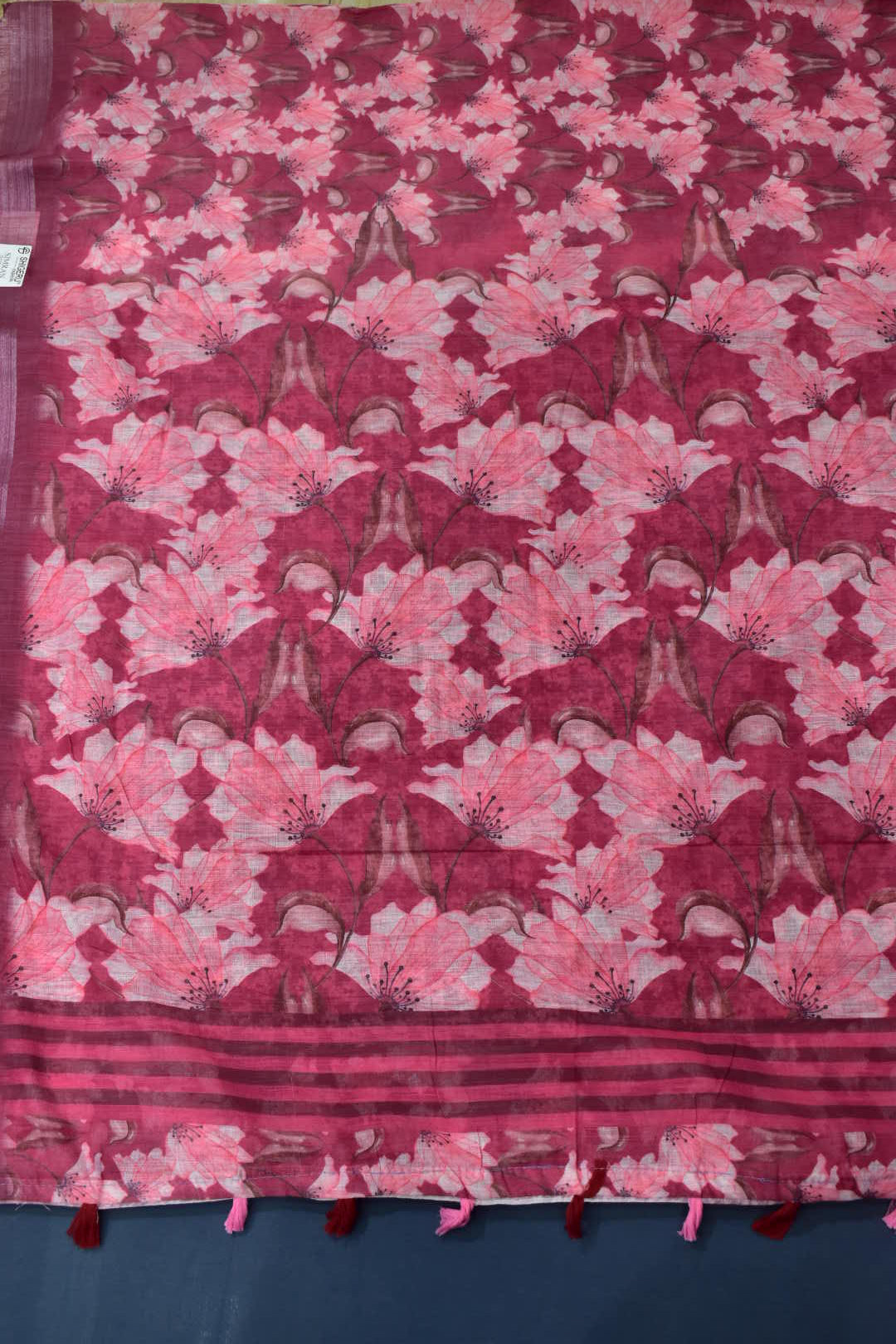 DARK PINK- LINEN COTTON FLORAL PRINT SAREE