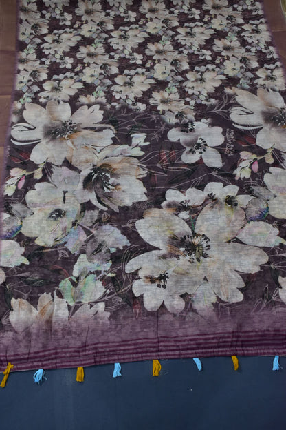 DARK PURPLE- LINEN COTTON DIGITAL PRINT SAREE