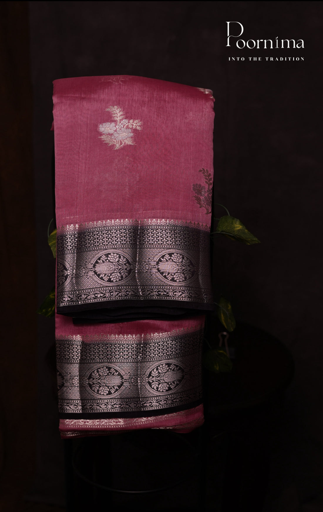 PURE MANGO SILK HANDLOOM SAREE - PINK &amp; DARK BROWN