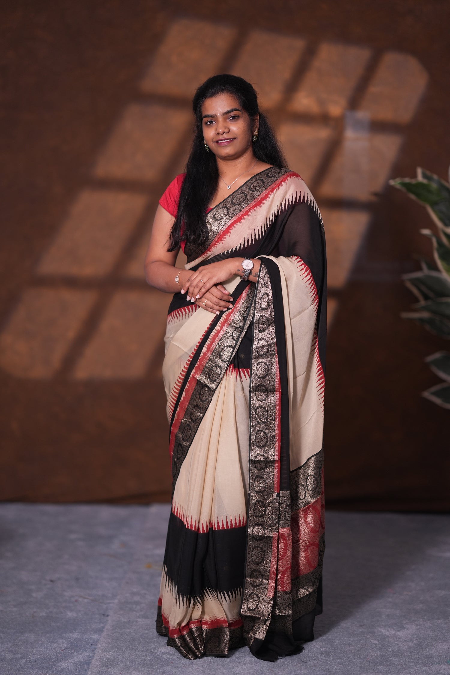 PURE CHIFFON SAREE-BLACK AND CREAM