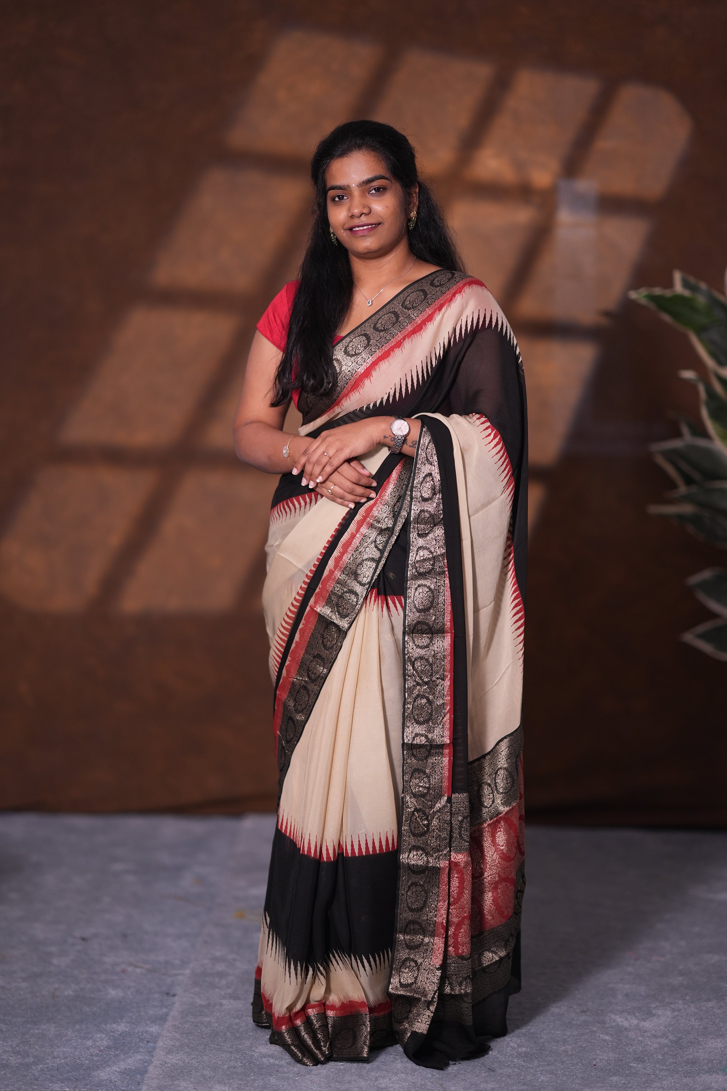 PURE CHIFFON SAREE-BLACK AND CREAM
