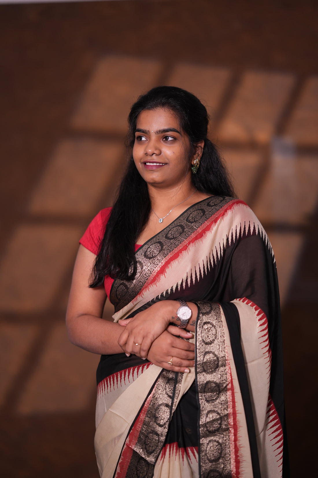 PURE CHIFFON SAREE-BLACK AND CREAM