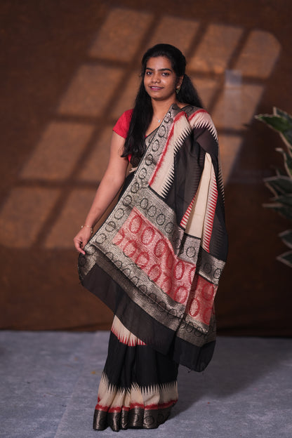 PURE CHIFFON SAREE-BLACK AND CREAM
