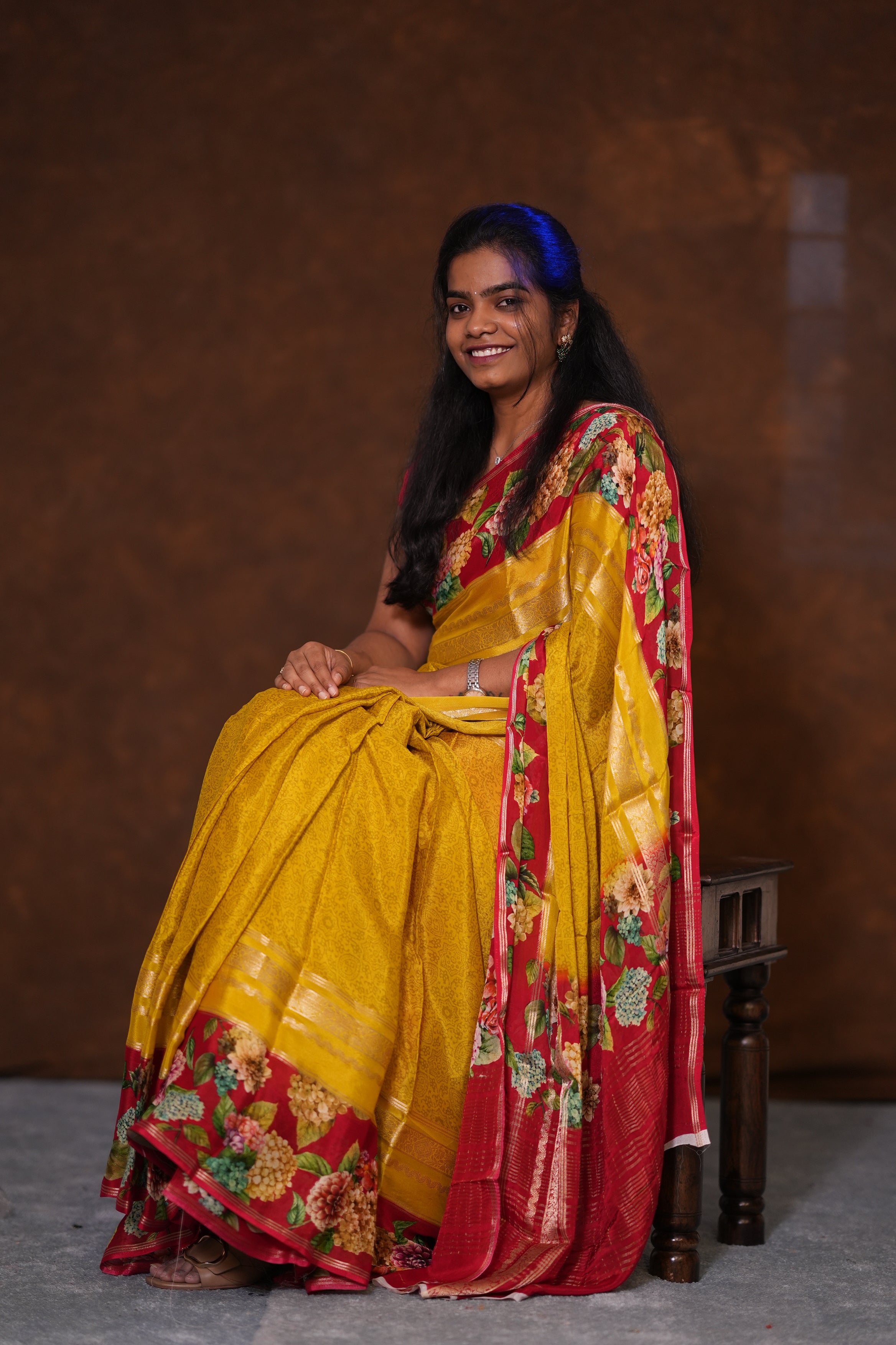 SEMI MYSORE CRAPE SAREE- YELLOW AND RED