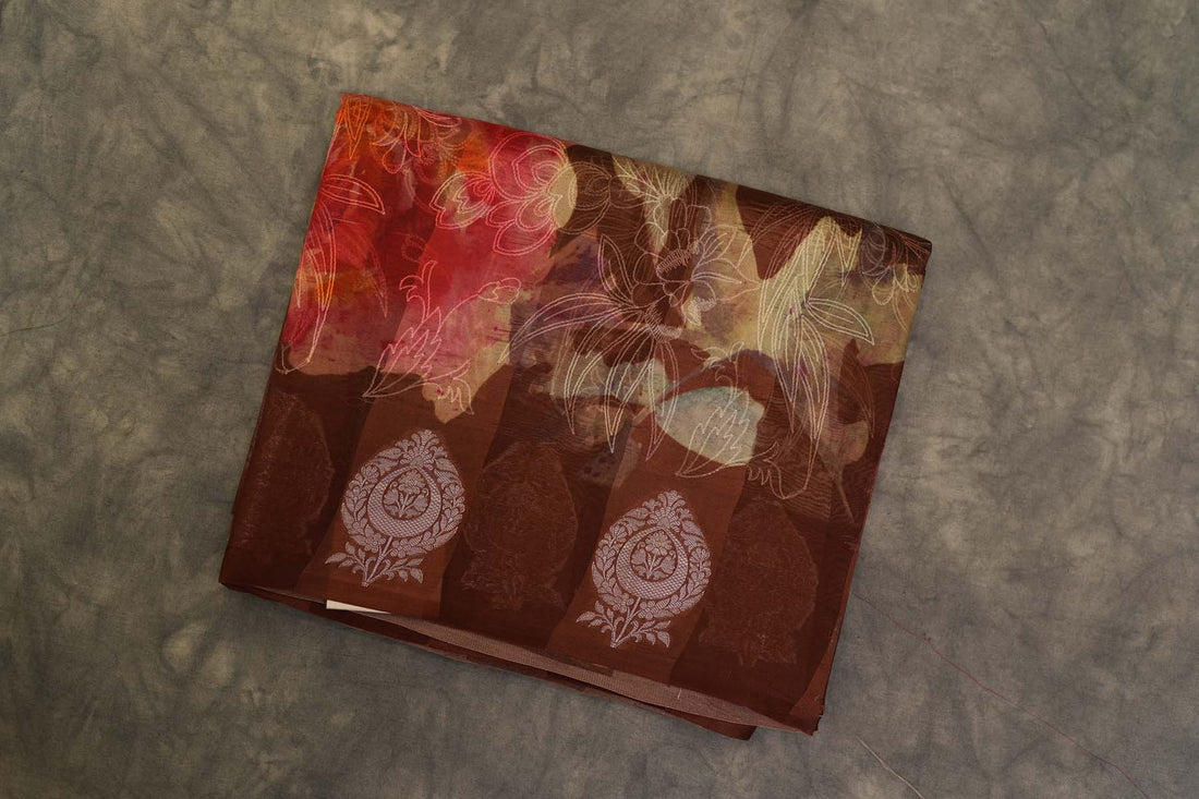 ORGANZA DIGITAL PRINT SAREE- BROWN
