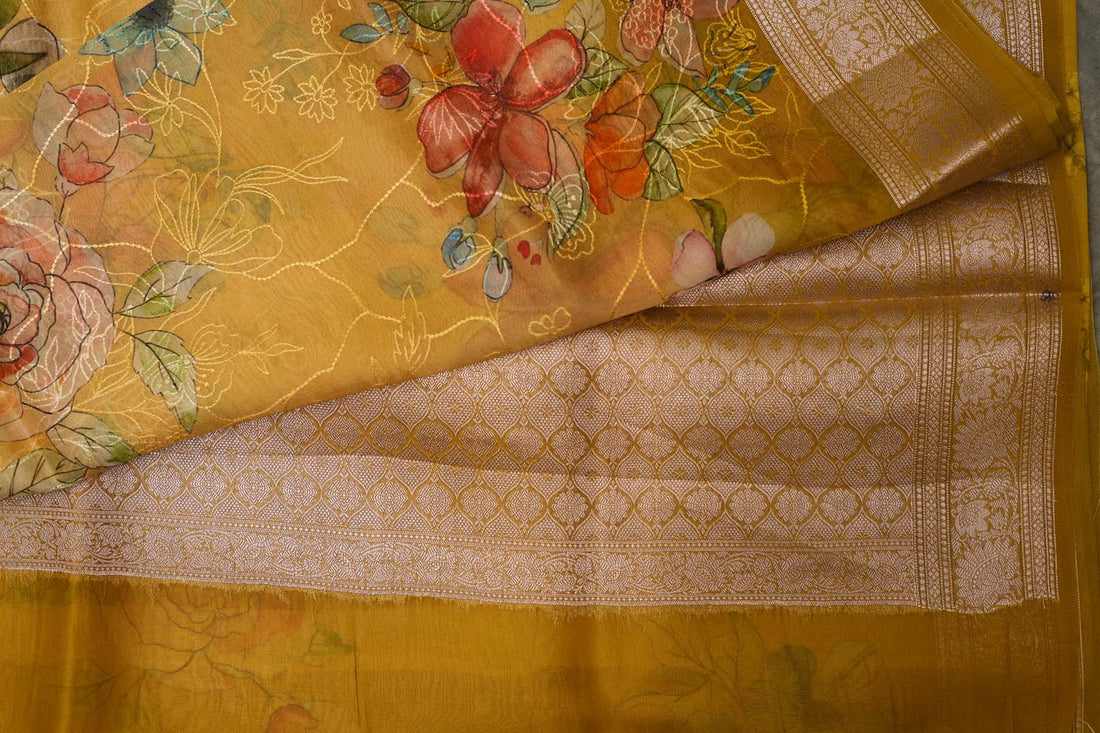 ORGANZA DIGITAL PRINT SAREE- LEMON GREEN