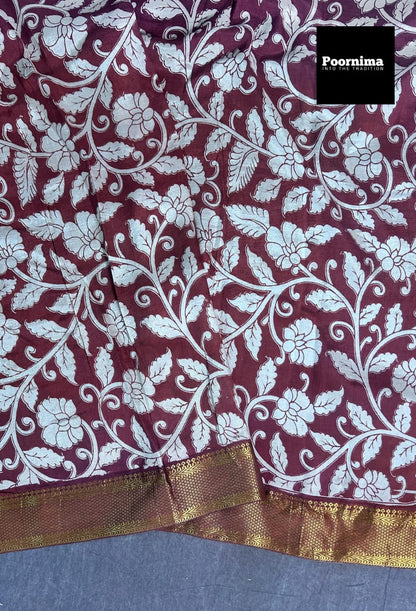 KADHI SILK WITH KANCHI BORDER PINK AND WHITE COMBINATION WITH KALAMAKARI PRINTS