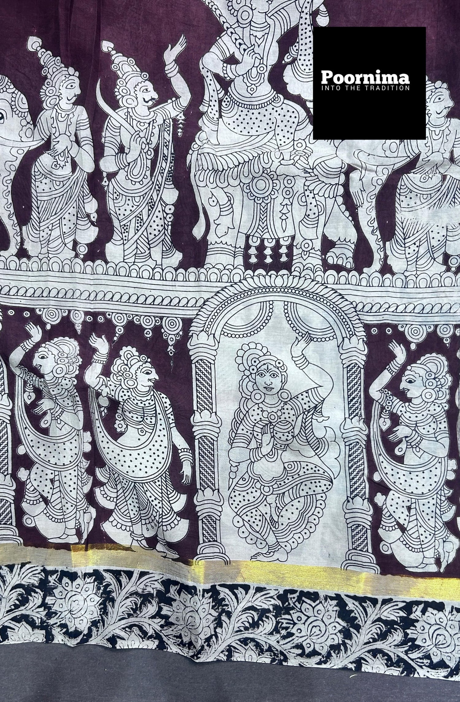 KADHI SILK MERRON WITH CREAM COLUR WITH KALAMAKARI PRINTS KADDI BORDER
