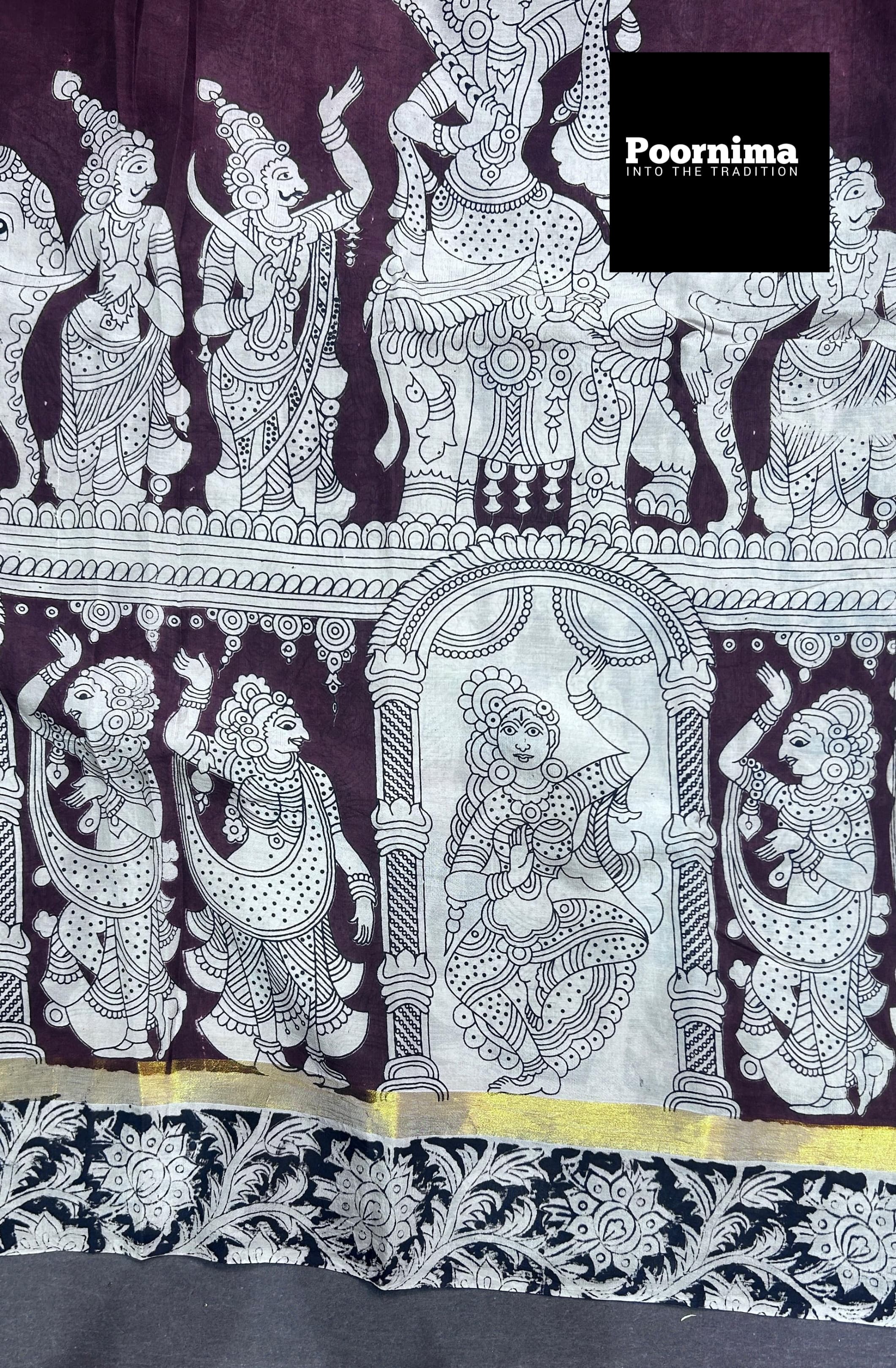 KADHI SILK MERRON WITH CREAM COLUR WITH KALAMAKARI PRINTS KADDI BORDER