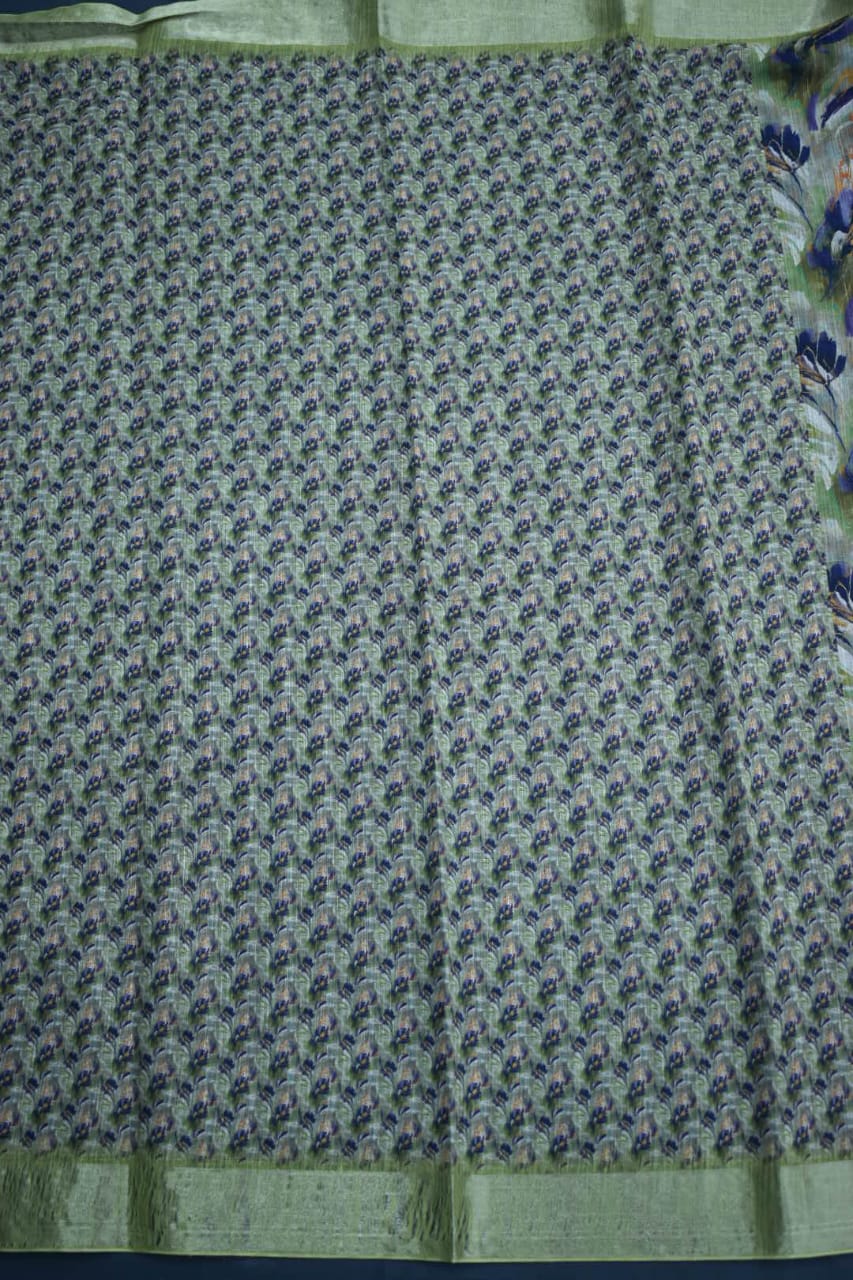 PARROT GREEN- LINEN COTTON FLORAL PRINT SAREE