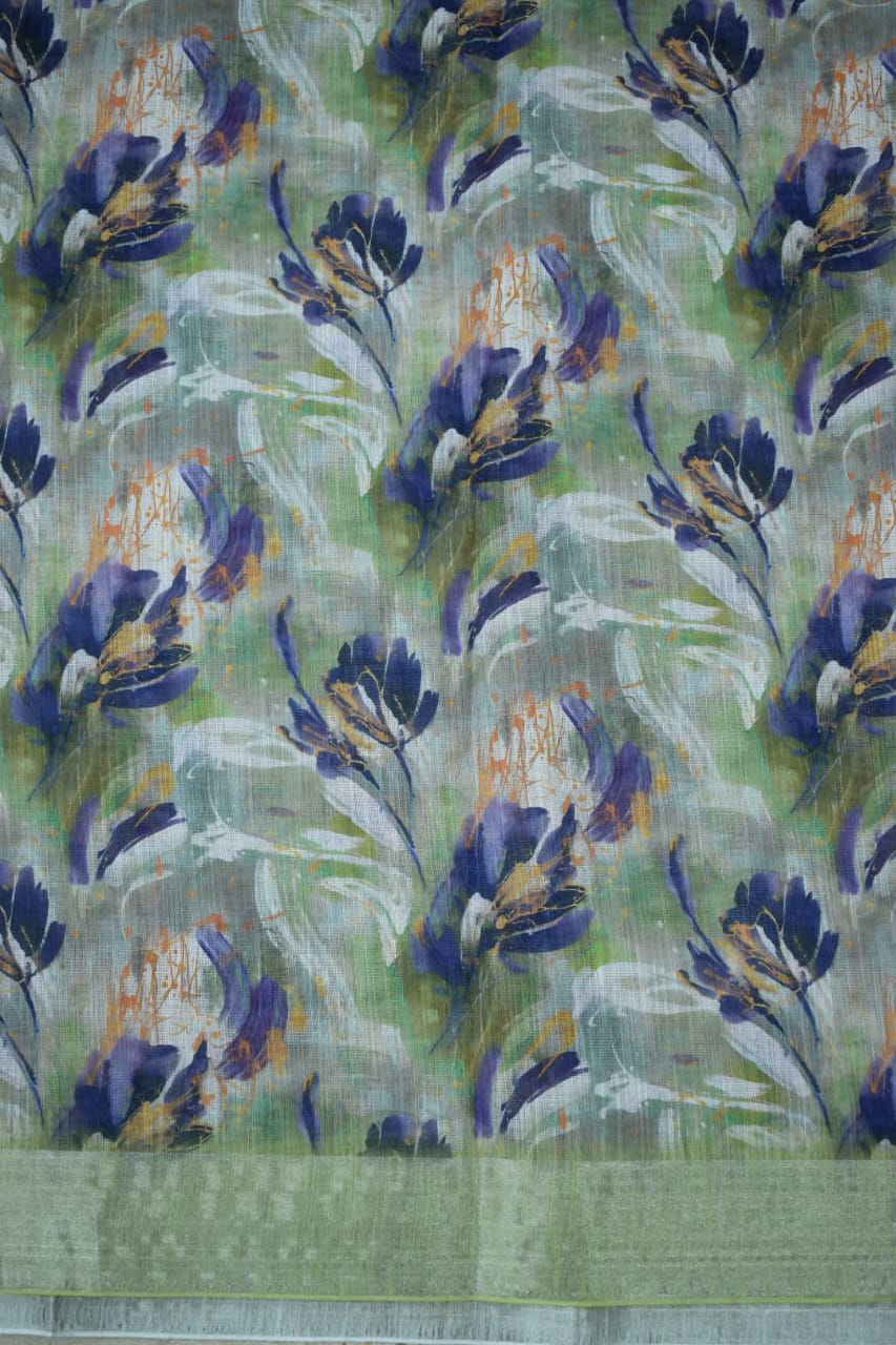 PARROT GREEN- LINEN COTTON FLORAL PRINT SAREE