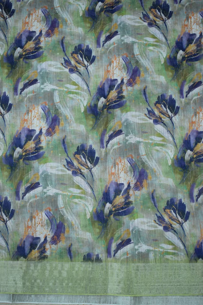 PARROT GREEN- LINEN COTTON FLORAL PRINT SAREE