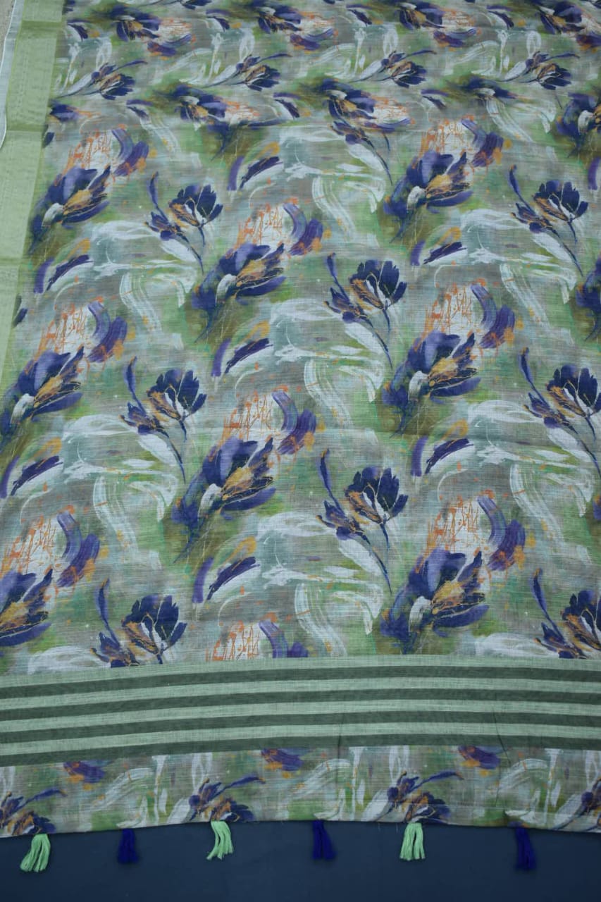 PARROT GREEN- LINEN COTTON FLORAL PRINT SAREE