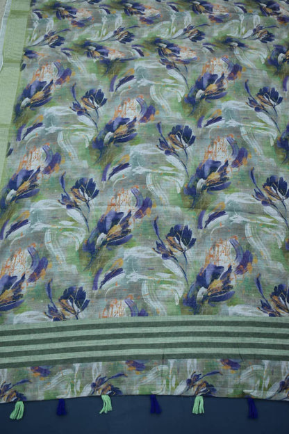 PARROT GREEN- LINEN COTTON FLORAL PRINT SAREE