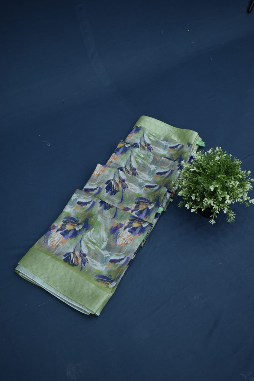 PARROT GREEN- LINEN COTTON FLORAL PRINT SAREE