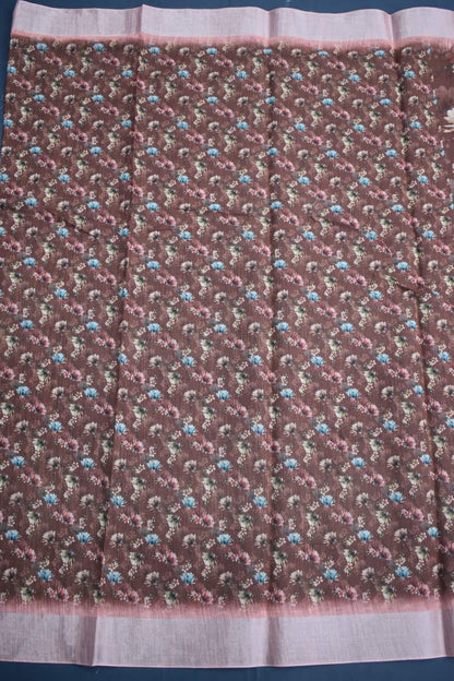 BROWN- LINEN COTTON FLORAL PRINT SAREE