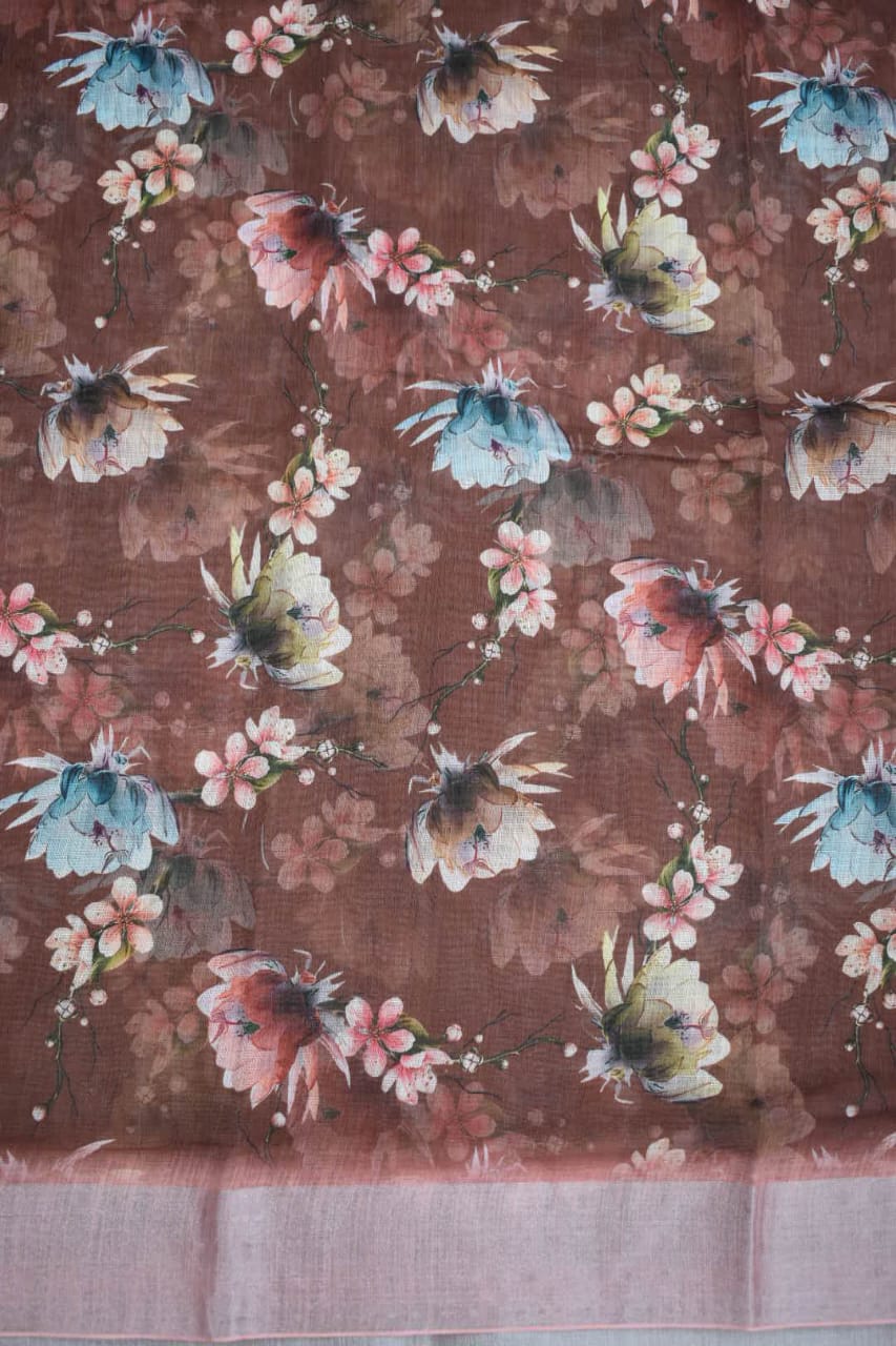 BROWN- LINEN COTTON FLORAL PRINT SAREE