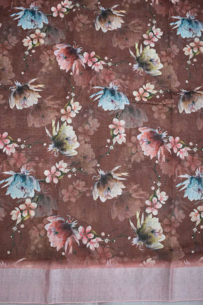 BROWN- LINEN COTTON FLORAL PRINT SAREE