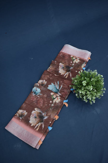 BROWN- LINEN COTTON FLORAL PRINT SAREE