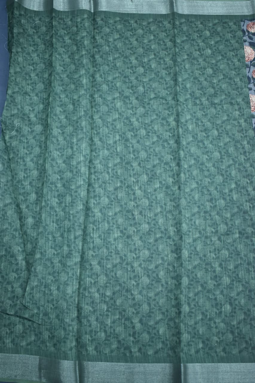 PINE GREEN- LINEN COTTON FLORAL PRINT SAREE