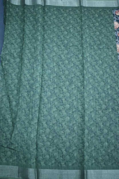 PINE GREEN- LINEN COTTON FLORAL PRINT SAREE