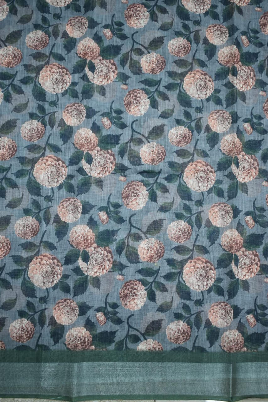 PINE GREEN- LINEN COTTON FLORAL PRINT SAREE