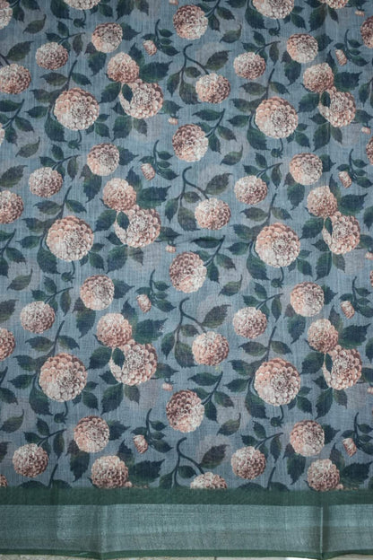PINE GREEN- LINEN COTTON FLORAL PRINT SAREE