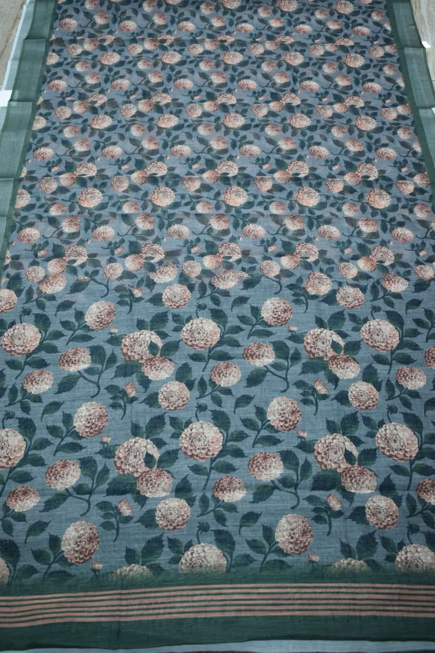 PINE GREEN- LINEN COTTON FLORAL PRINT SAREE