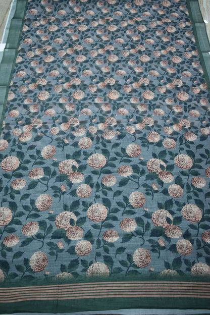 PINE GREEN- LINEN COTTON FLORAL PRINT SAREE