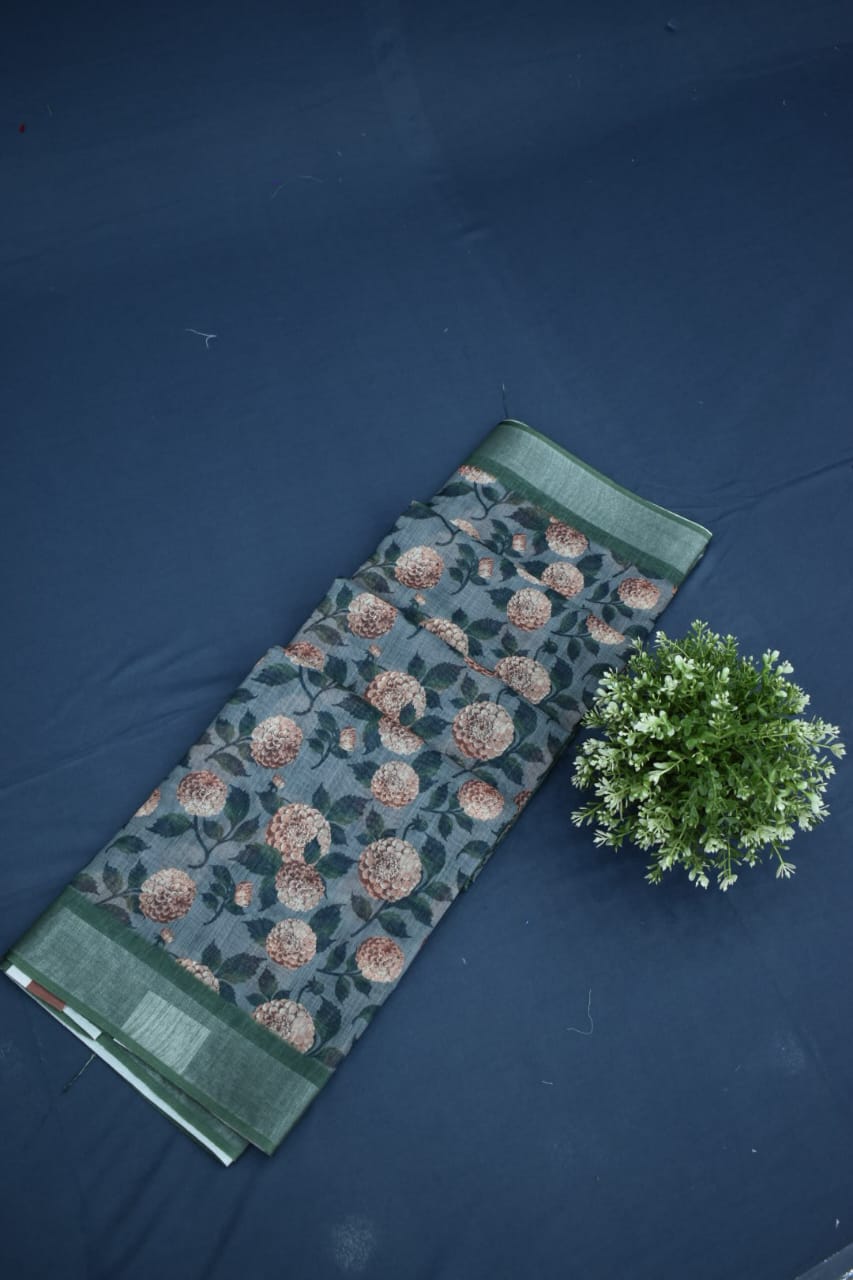 PINE GREEN- LINEN COTTON FLORAL PRINT SAREE