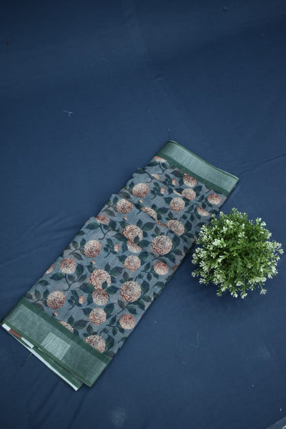 PINE GREEN- LINEN COTTON FLORAL PRINT SAREE