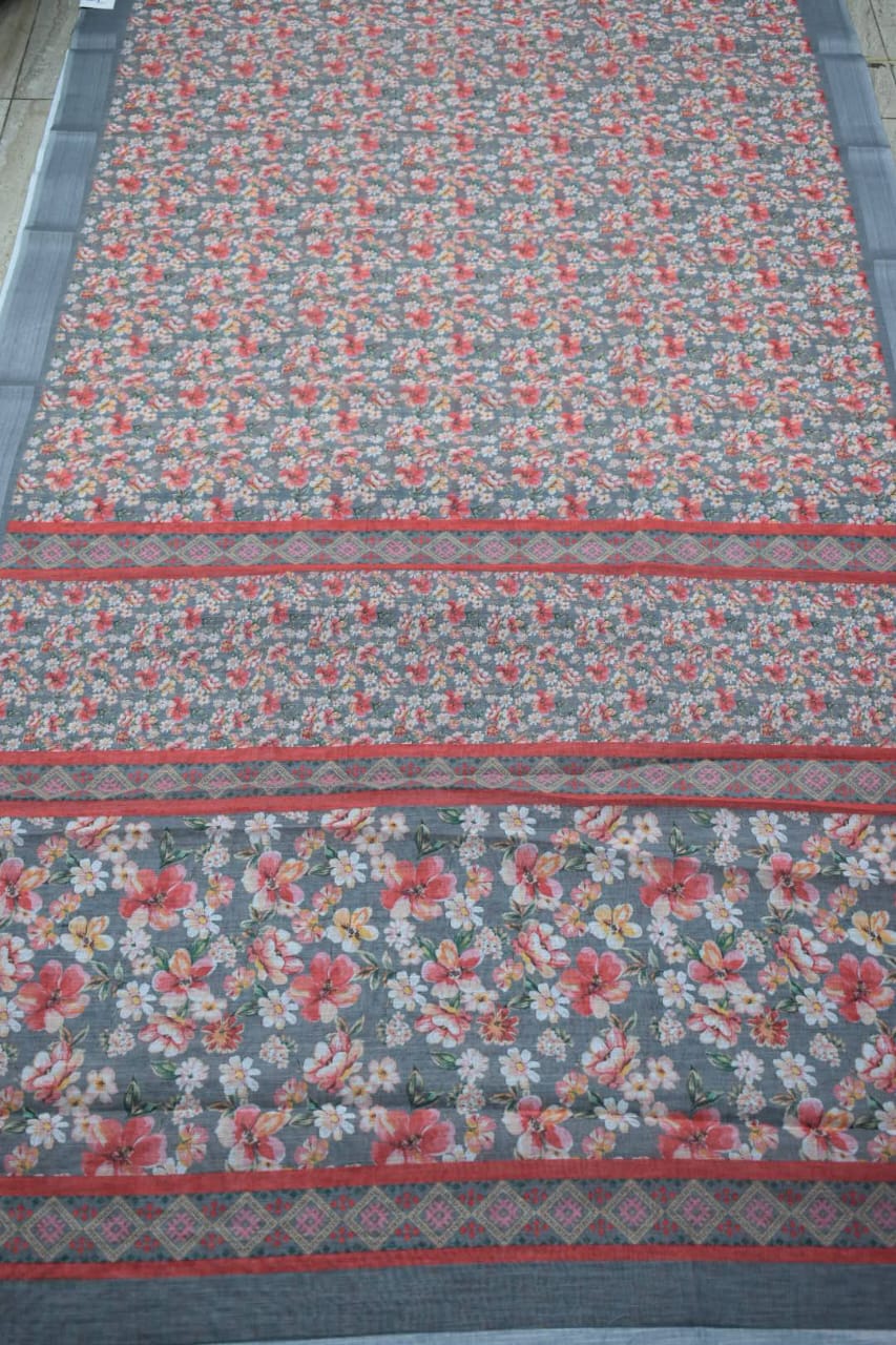 GREY- LINEN COTTON FLORAL PRINT SAREE