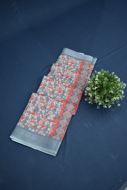 GREY- LINEN COTTON FLORAL PRINT SAREE