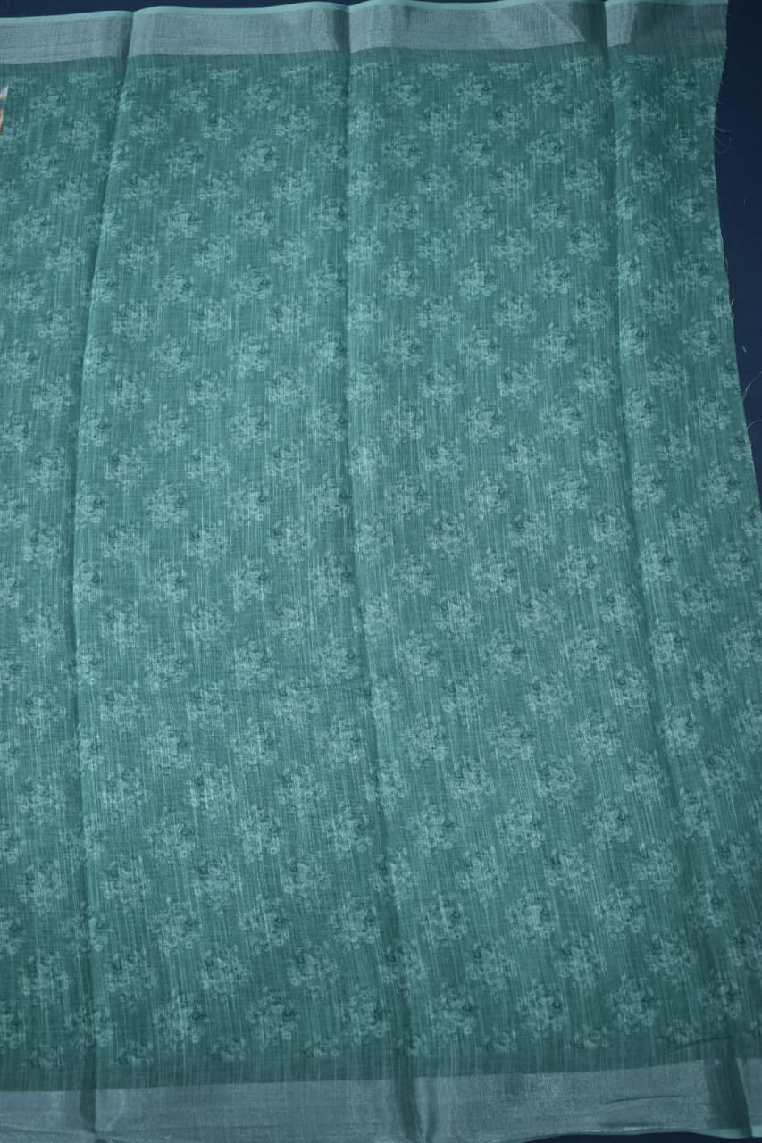 LIGHT GREEN- LINEN COTTON FLORAL PRINT SAREE