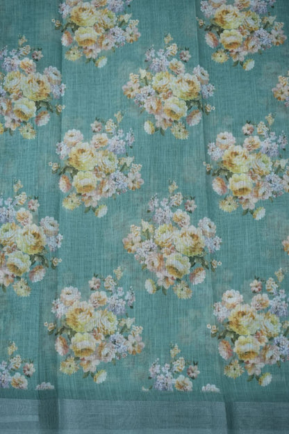 LIGHT GREEN- LINEN COTTON FLORAL PRINT SAREE