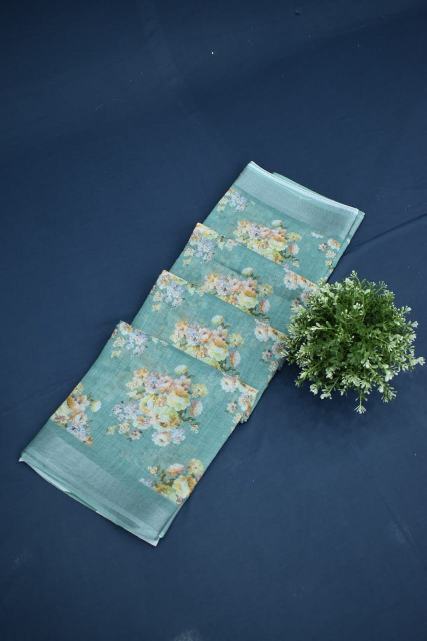 LIGHT GREEN- LINEN COTTON FLORAL PRINT SAREE