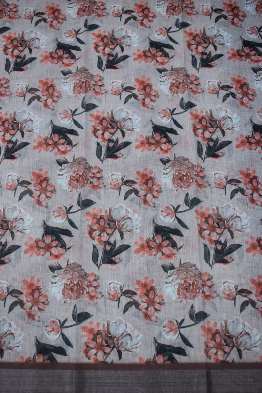 WHITE- LINEN COTTON FLORAL PRINT SAREE
