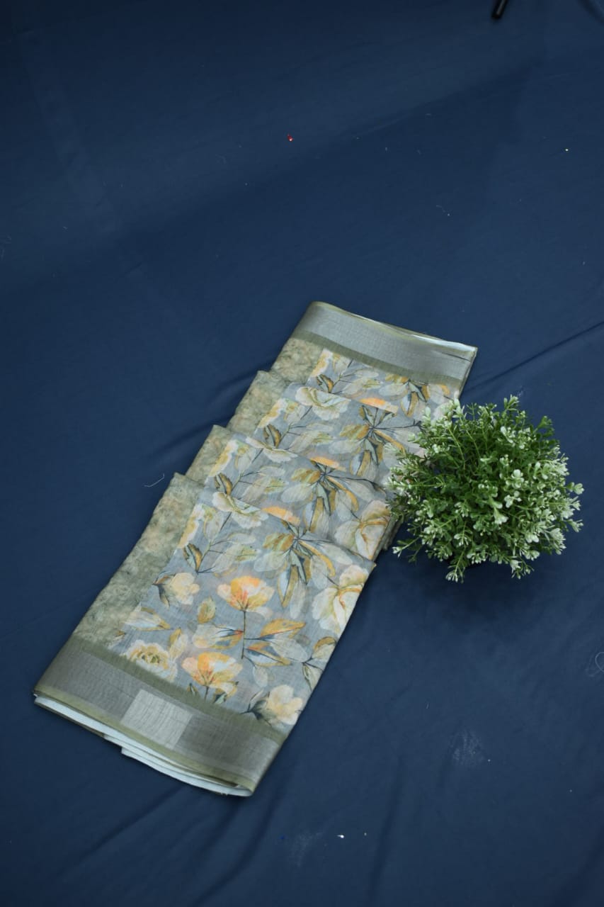 PISTA GREEN- LINEN COTTON FLORAL PRINT SAREE