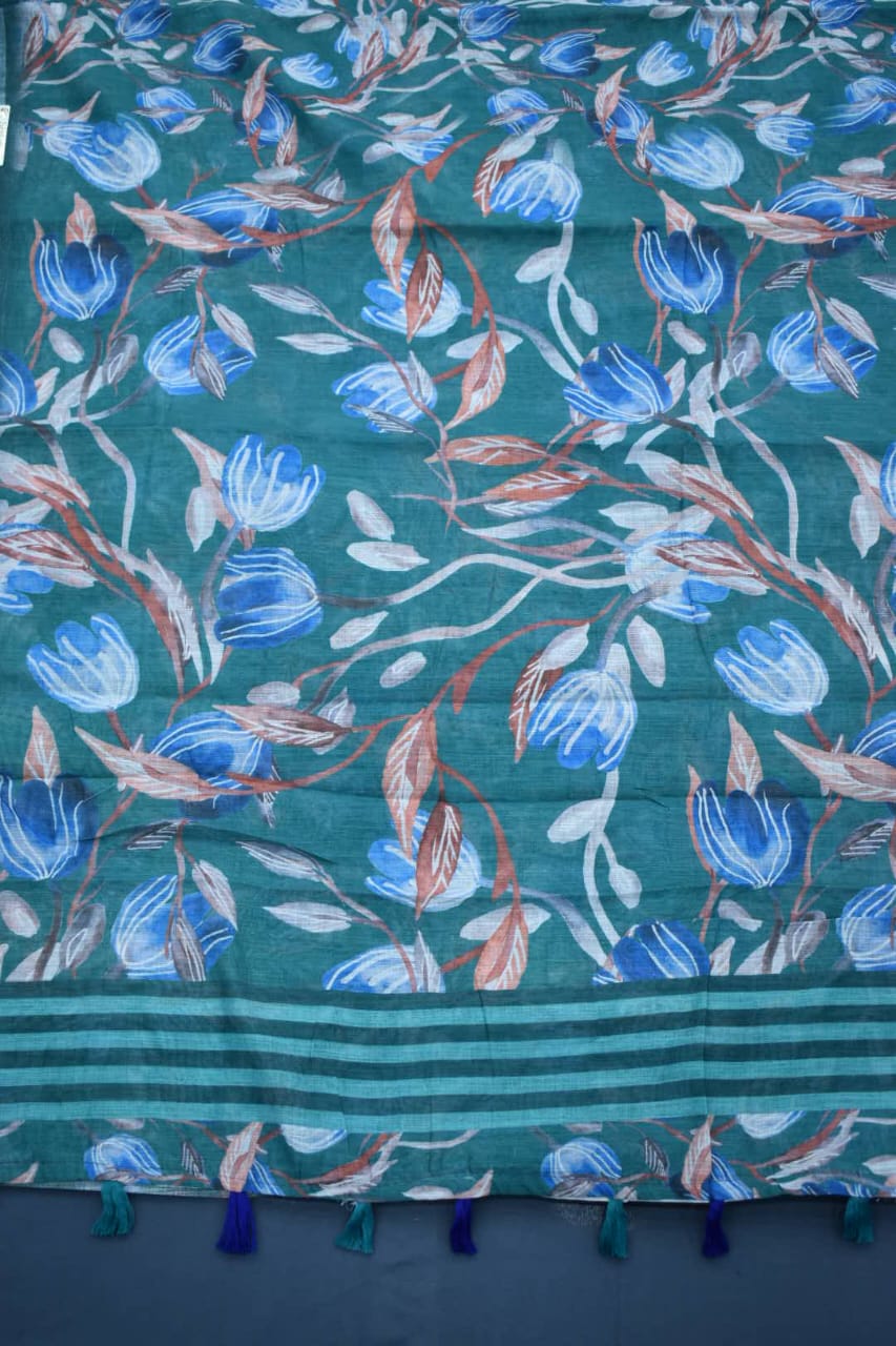 RAMA GREEN- LINEN COTTON FLORAL PRINT SAREE