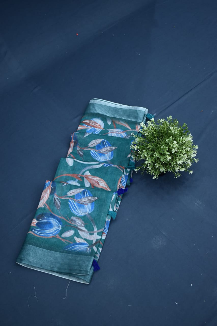 RAMA GREEN- LINEN COTTON FLORAL PRINT SAREE