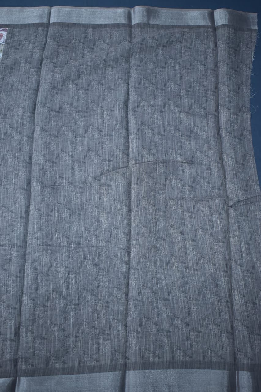 LIGHT GREY- LINEN COTTON FLORAL PRINT SAREE