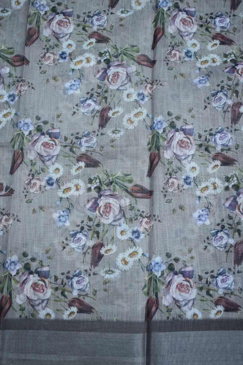 LIGHT GREY- LINEN COTTON FLORAL PRINT SAREE
