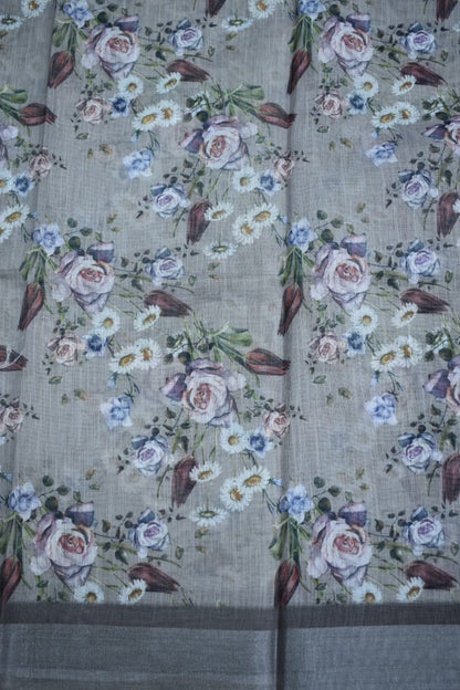 LIGHT GREY- LINEN COTTON FLORAL PRINT SAREE