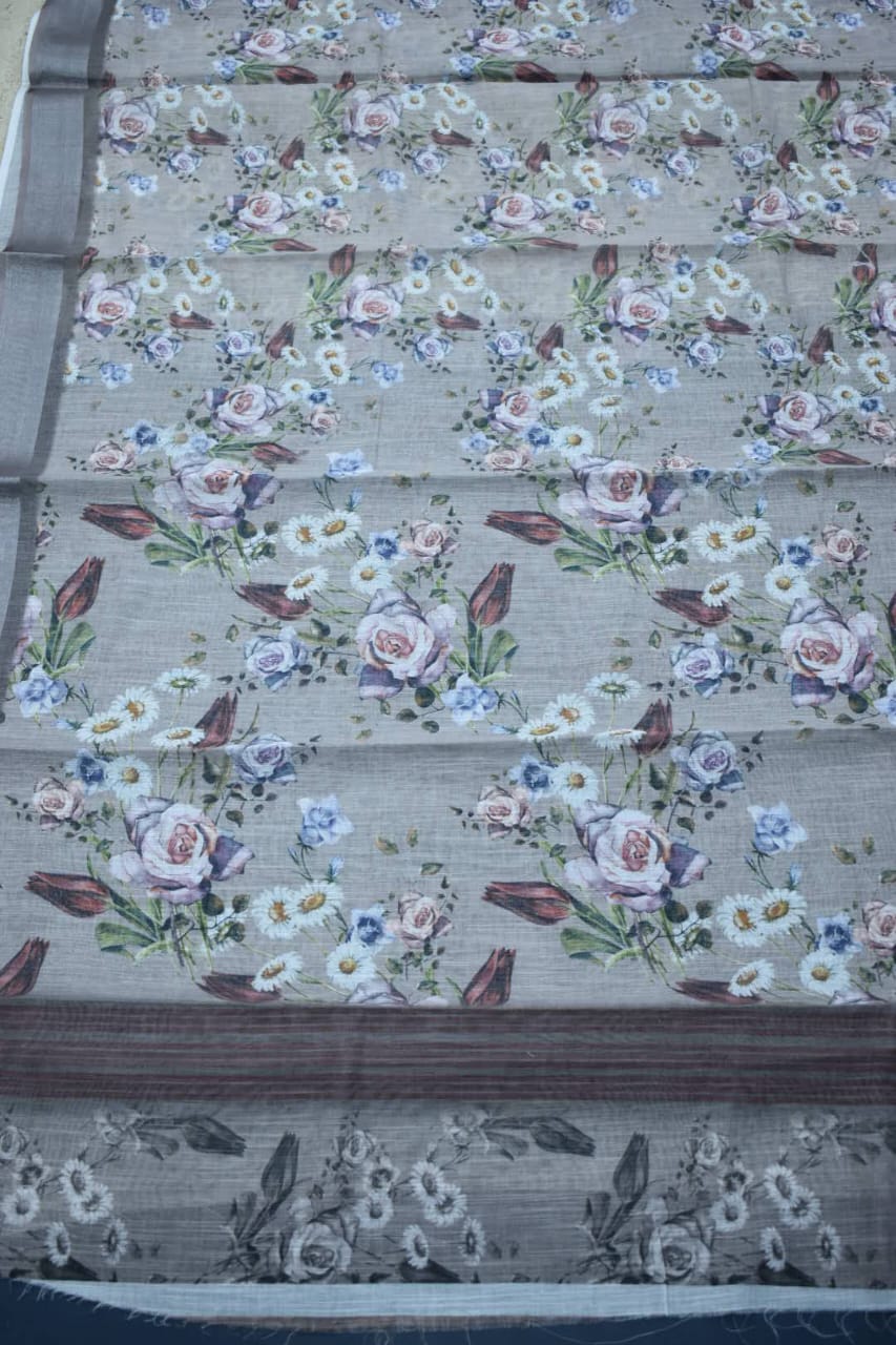 LIGHT GREY- LINEN COTTON FLORAL PRINT SAREE