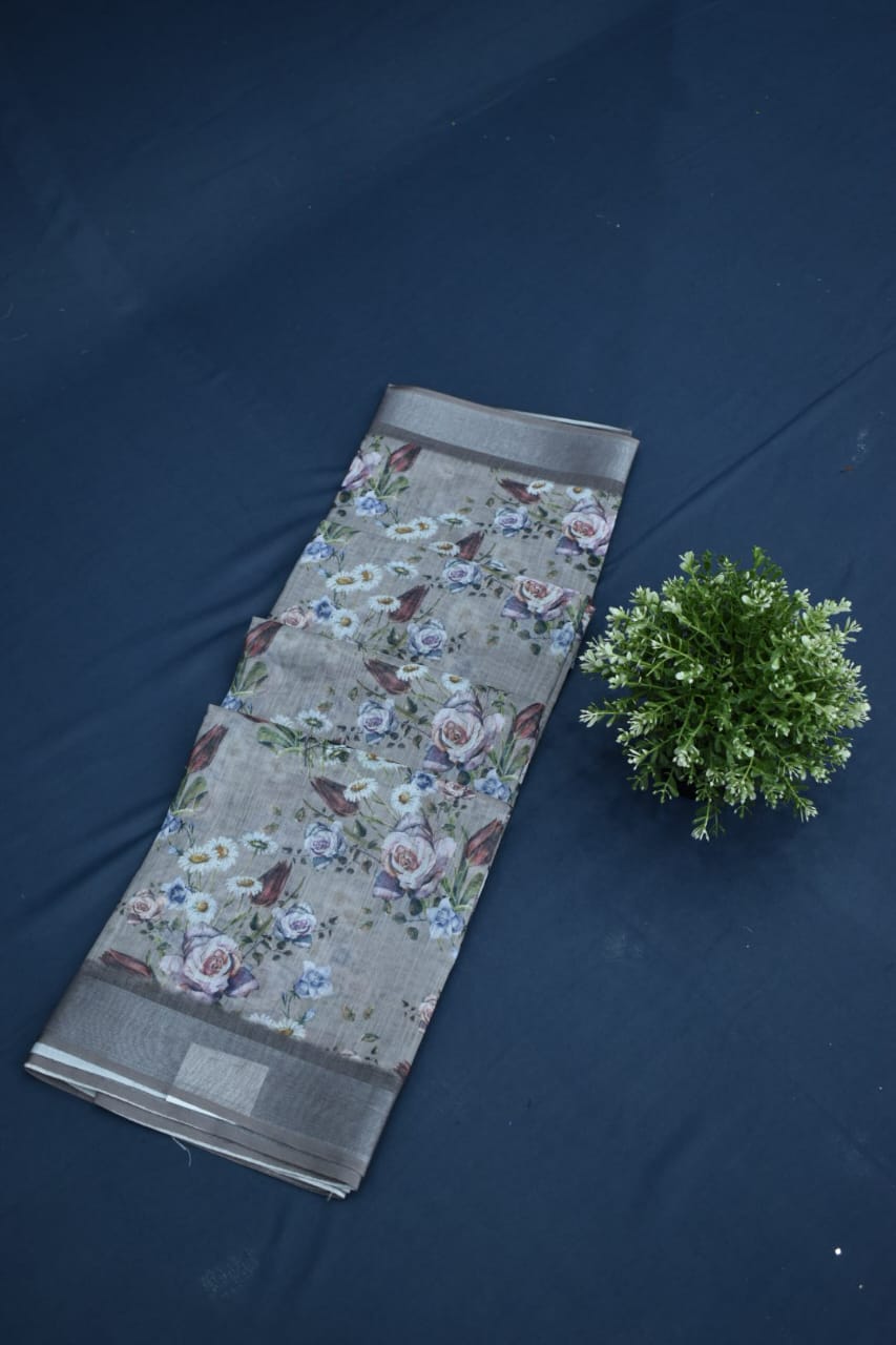 LIGHT GREY- LINEN COTTON FLORAL PRINT SAREE