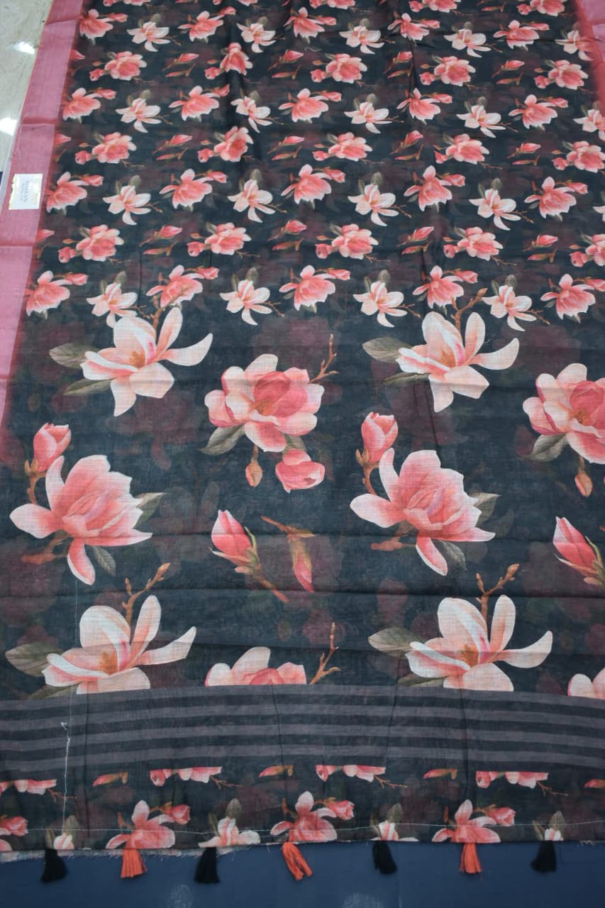 DARK GREEN- LINEN COTTON FLORAL PRINT SAREE