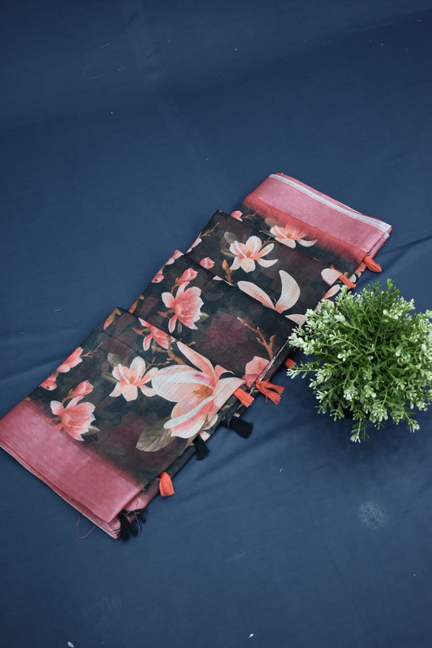 DARK GREEN- LINEN COTTON FLORAL PRINT SAREE