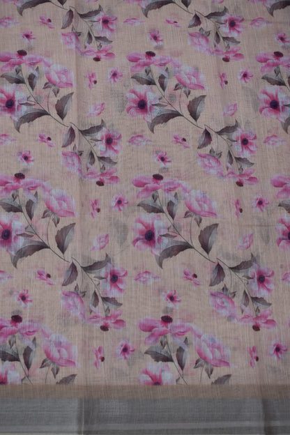 PINK ORANGE- LINEN COTTON FLORAL PRINT SAREE